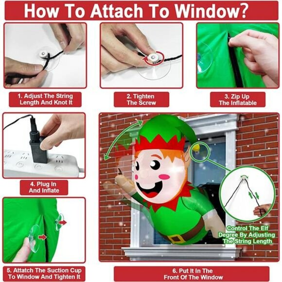 3.5 Ft Christmas Inflatable Santa Elf Lean Out from Window, with LED Lights - Picture 5 of 6